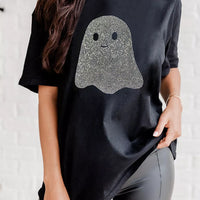 Black plus-size rhinestone ghost graphic round-neck T-shirt, short sleeves