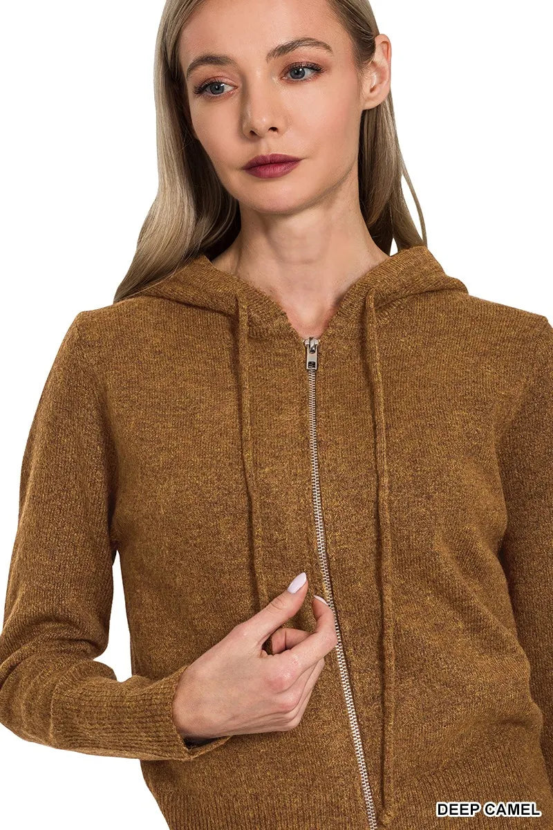 Womens deep camel zip-up hooded cardigan, front zipper and drawstring hood detail