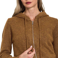 Womens deep camel zip-up hooded cardigan, front zipper and drawstring hood detail