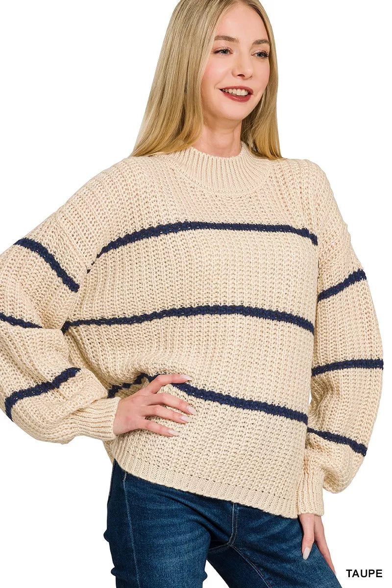 Taupe oversize striped sweater, navy wide stripes, ribbed cuffs and hem