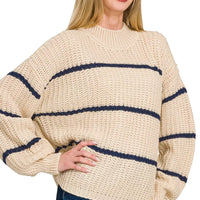 Taupe oversize striped sweater, navy wide stripes, ribbed cuffs and hem
