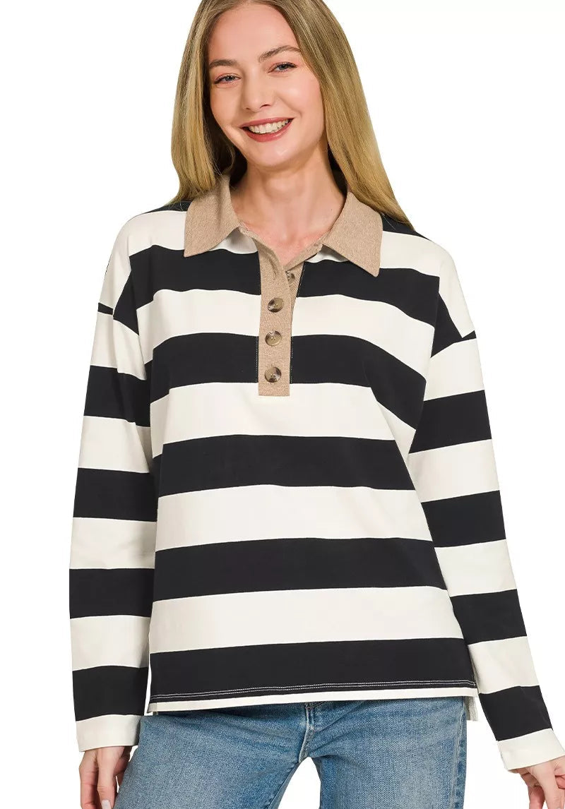 Striped polo tee with contrast collar, black-and-white horizontal stripes, button placket