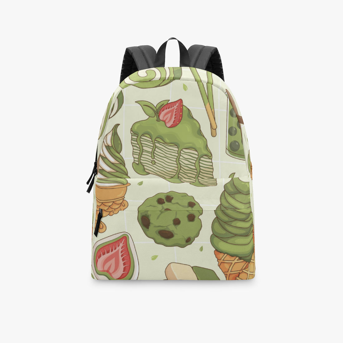 Kids canvas backpack with black top straps and green food pattern front