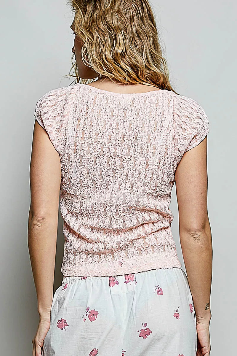 Blush lace sweetheart neck short sleeve top, back view