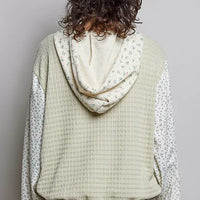 Sage mixed-knit contrast print sleeve hoodie with back hood detail and kangaroo pocket