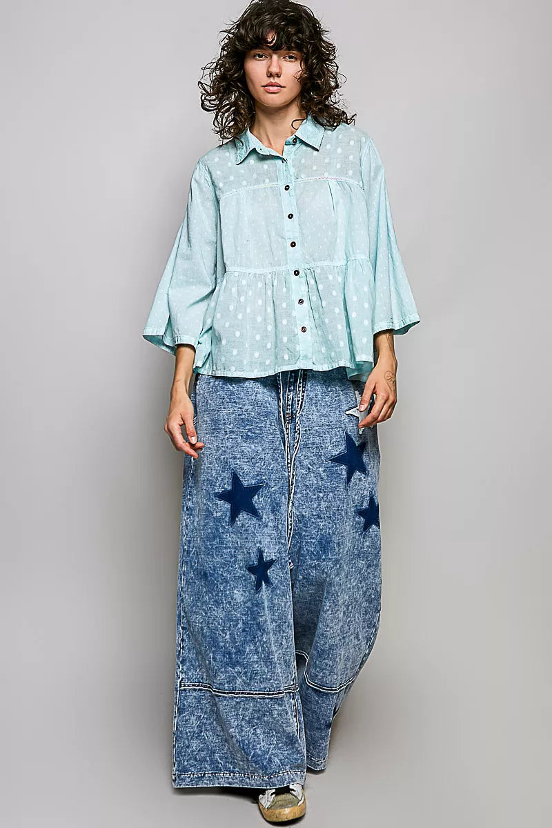 Aqua polka-dot button-front peplum shirt with long sleeves and point collar