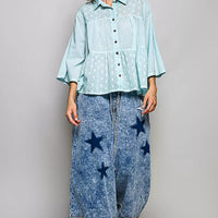 Aqua polka-dot button-front peplum shirt with long sleeves and point collar