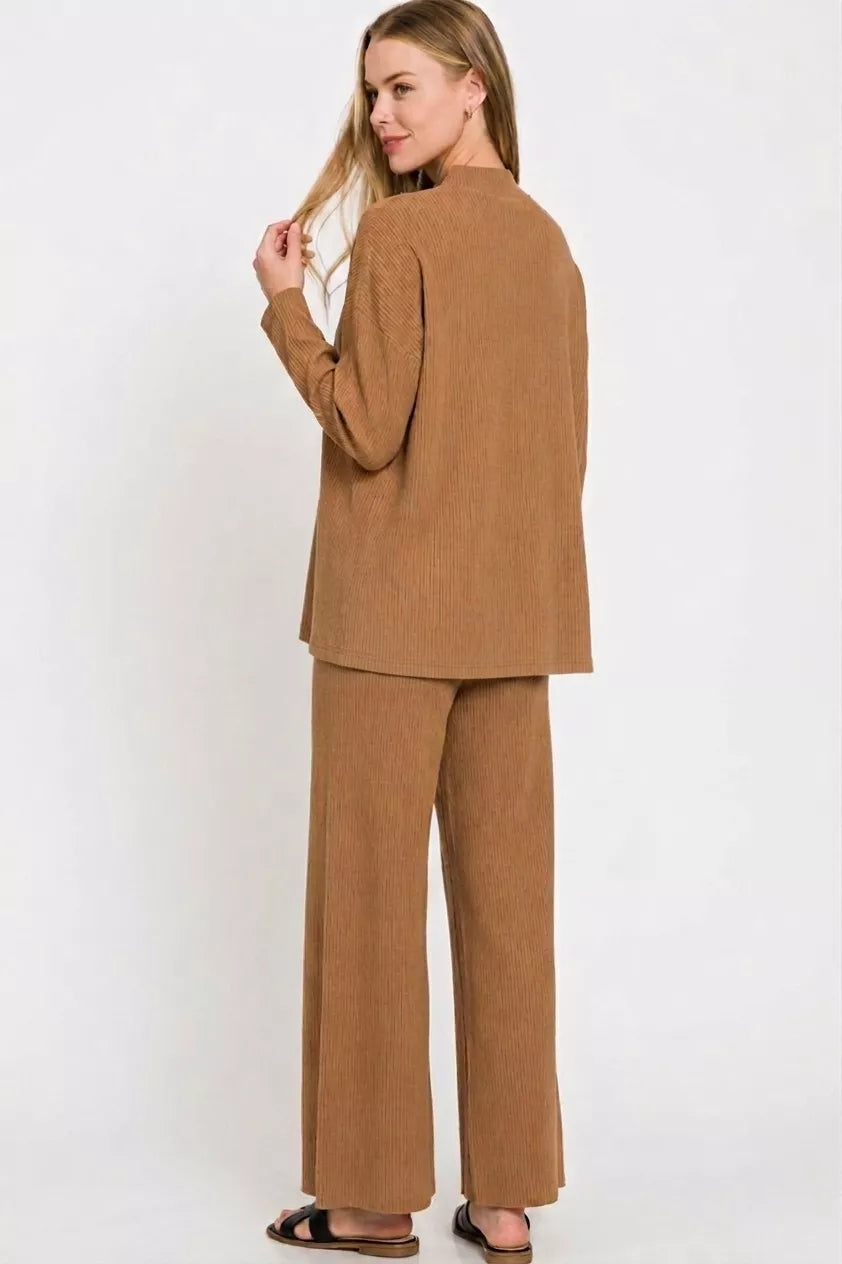 Viscose sweater top and wide-leg pants set in deep camel, back view, long sleeves