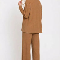 Viscose sweater top and wide-leg pants set in deep camel, back view, long sleeves
