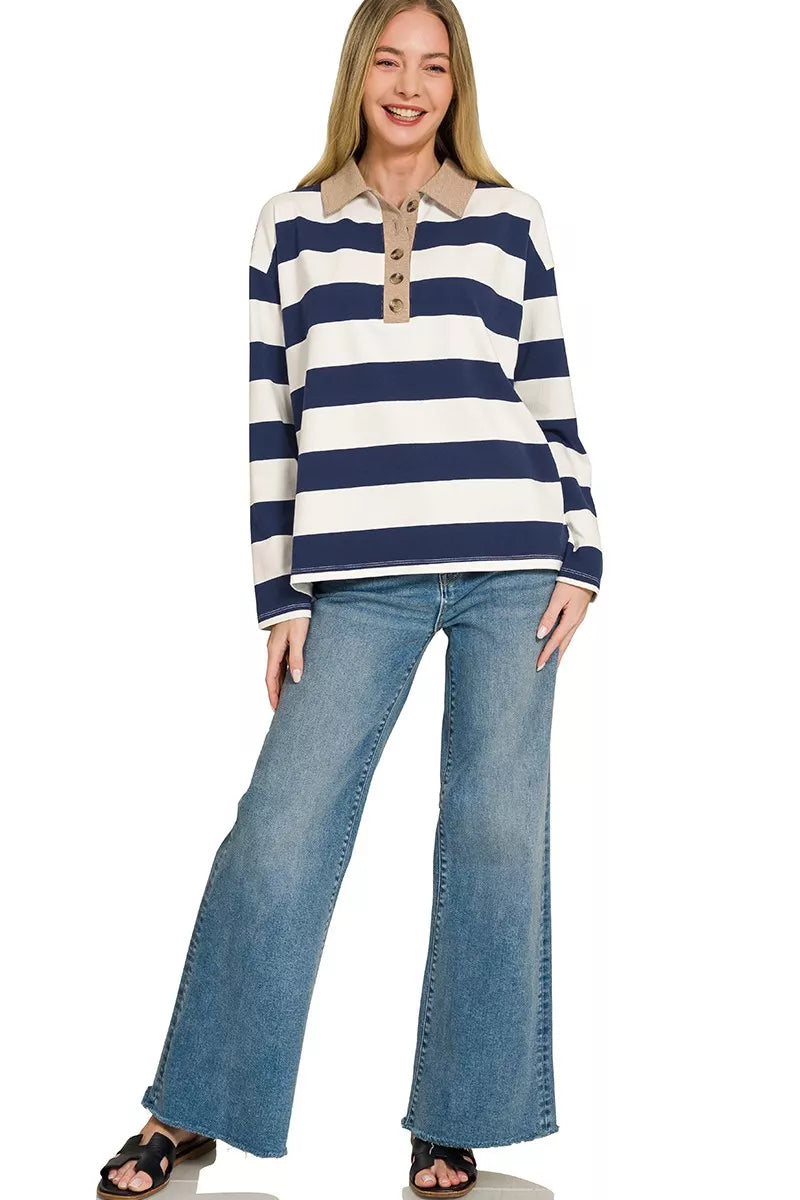 Navy and white striped contrast-collar polo tee with button placket and long sleeves
