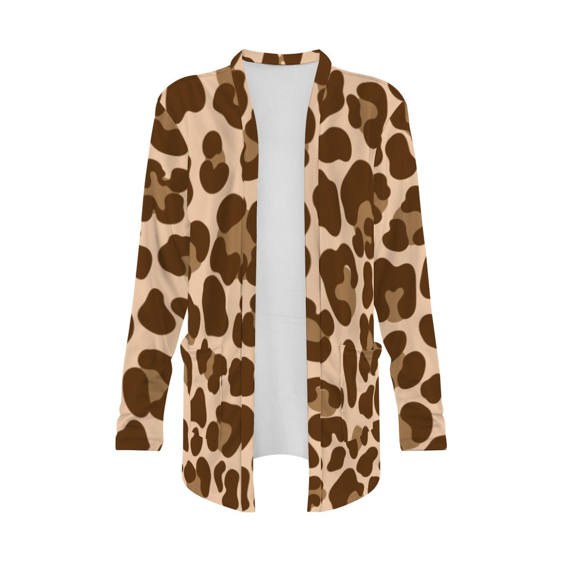 Brown Leopard Print Open-Front Cardigan with Pockets