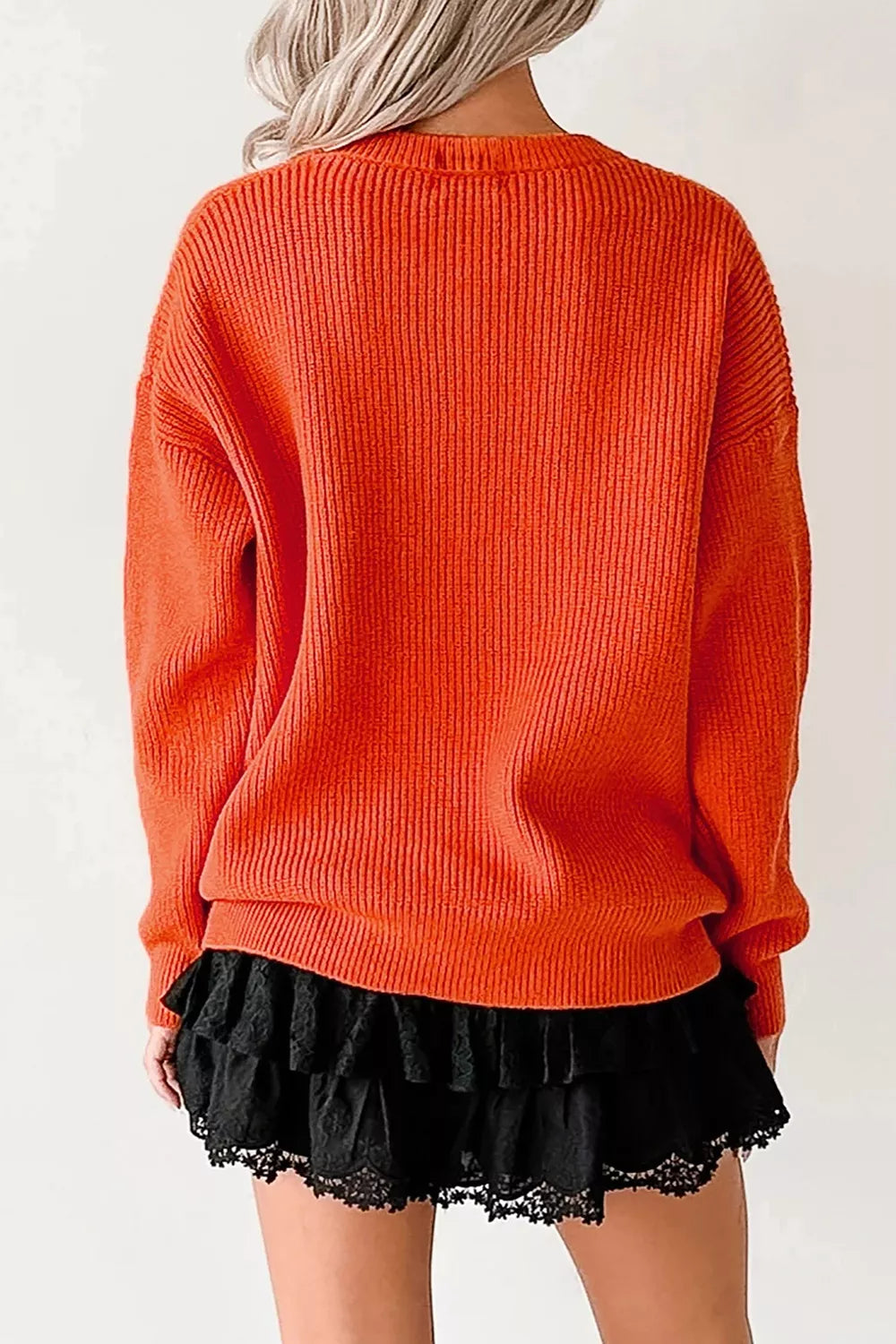 Orange drop-shoulder sweater with crew neck, back view, long sleeves