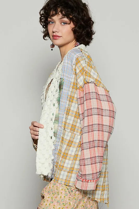 Open-front plaid cardigan, white raw-edge front with yellow and red side panel