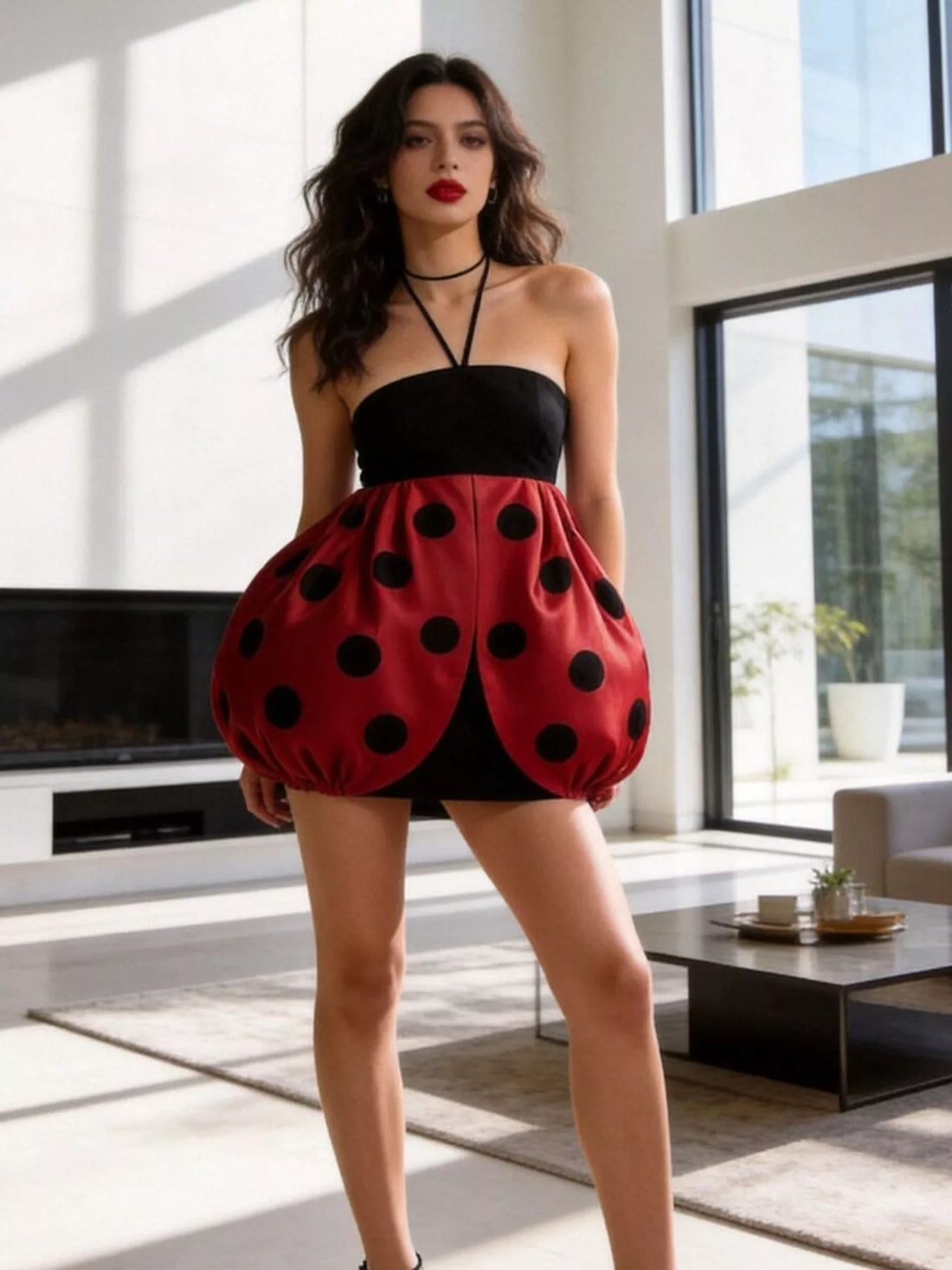 Halter neck bubble dress with black strap bodice and deep red polka-dot bubble skirt