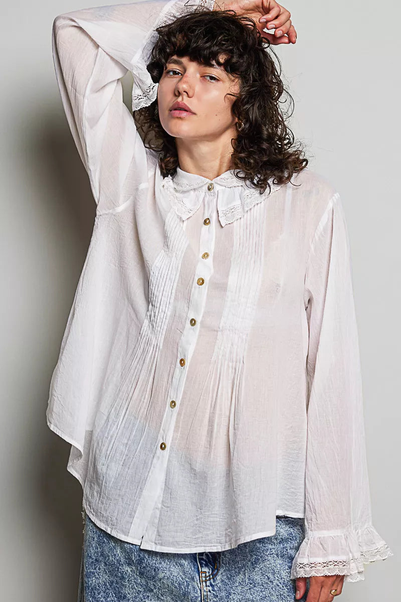 Ivory pintuck button-down shirt with lace-trim collar and gold-tone front buttons