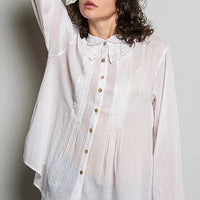 Ivory pintuck button-down shirt with lace-trim collar and gold-tone front buttons