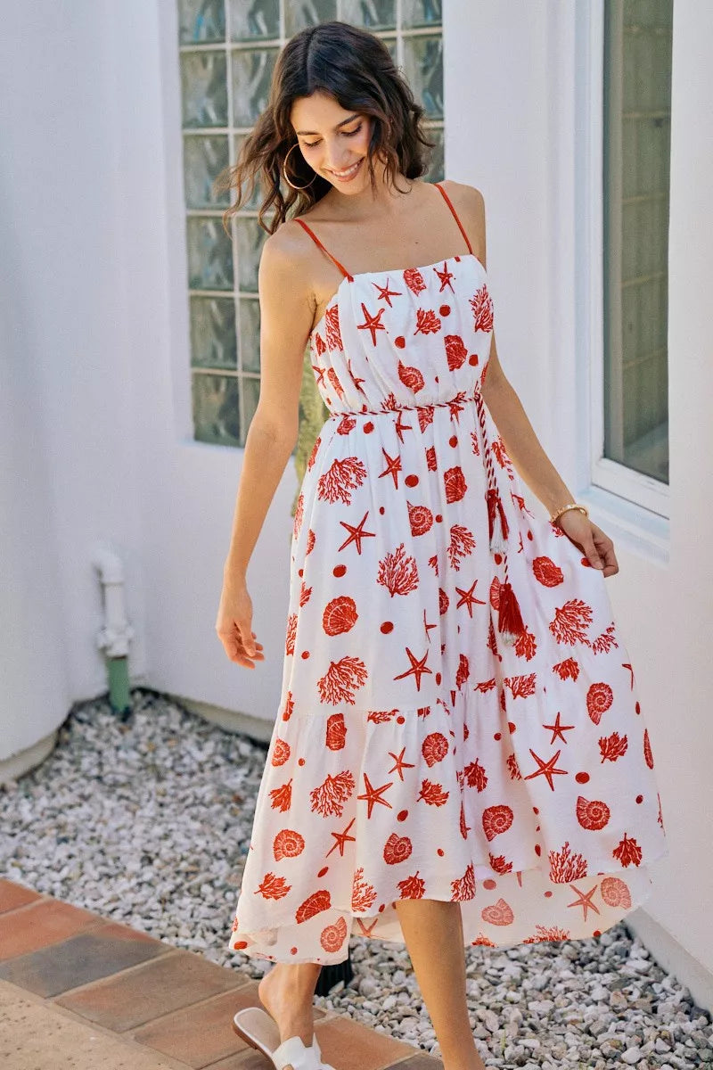 Shell print tiered lined midi cami dress with belt, red accents on white, spaghetti straps