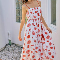 Shell print tiered lined midi cami dress with belt, red accents on white, spaghetti straps