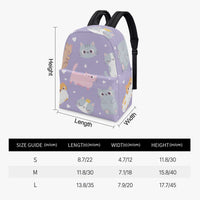 Kids purple kitten-print backpack shown with length, width, and height measurement lines