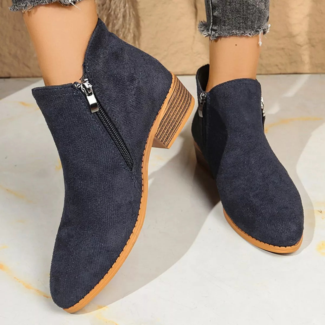Dark navy suede point-toe block heel ankle boots with side zipper