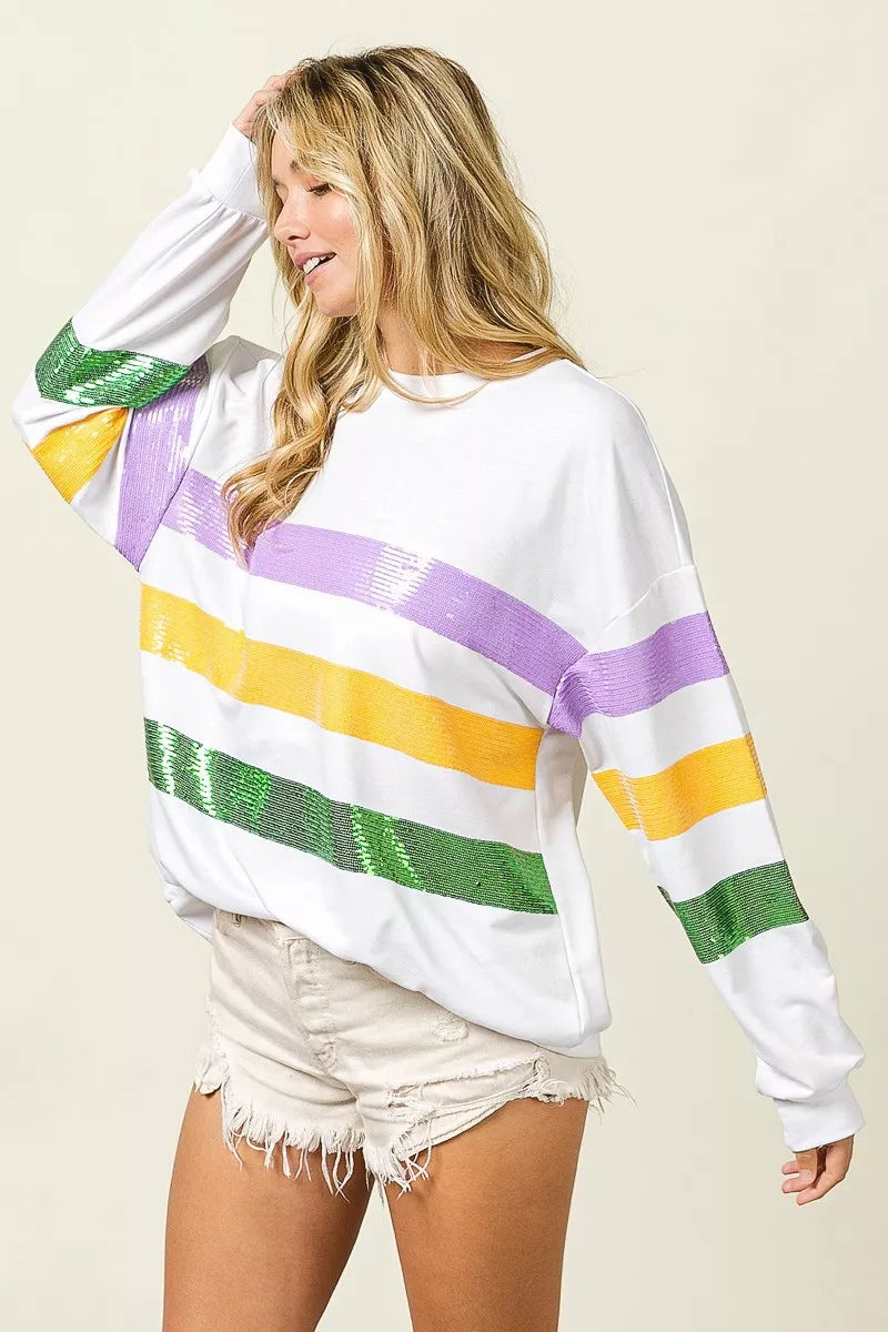 Off-white round-neck sweatshirt with sequined purple, yellow, and green striped panel