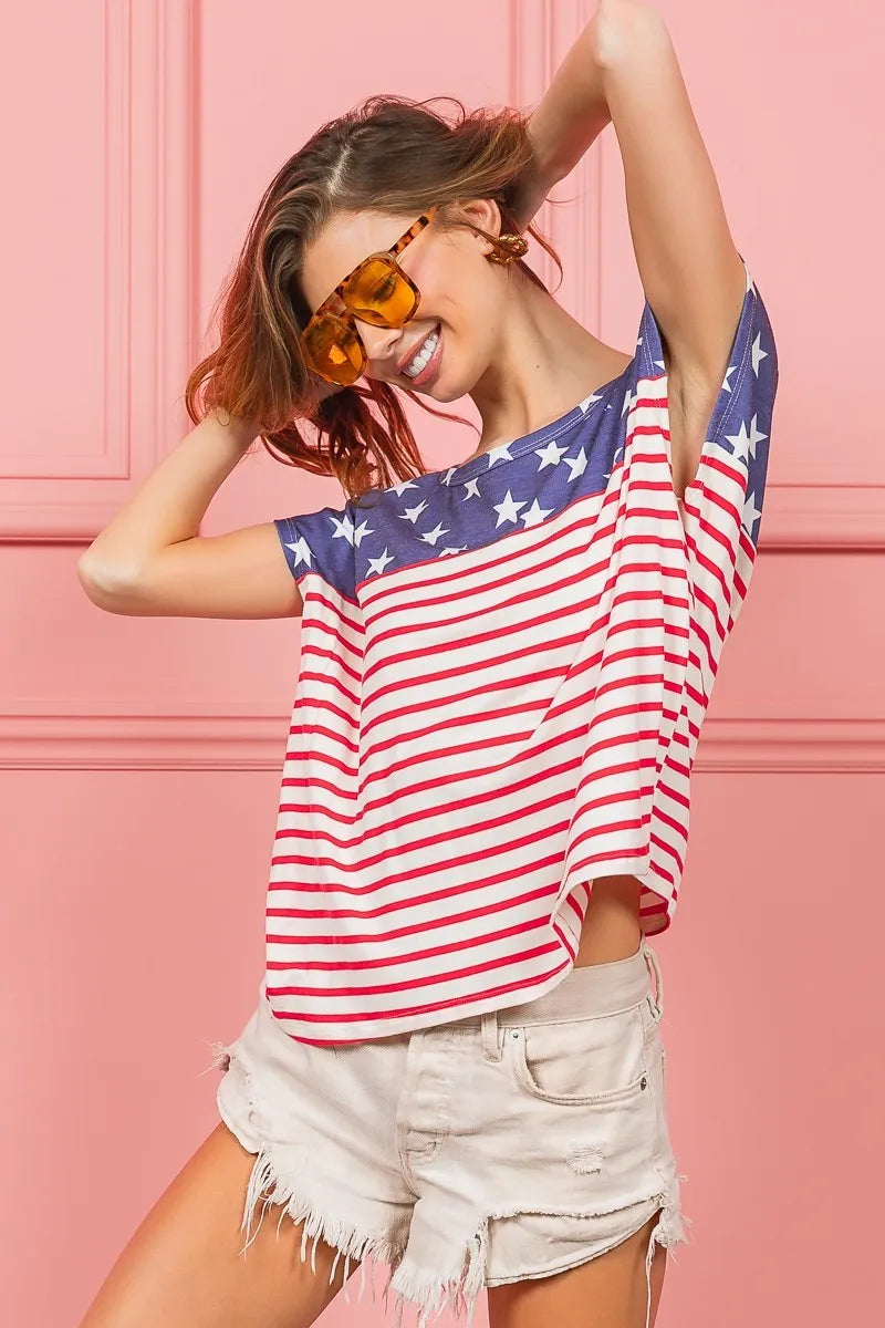 Women’s navy star and red striped tee top, short sleeves, round neckline