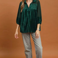 Hunter green velvet lace detail blouse with three-quarter sheer sleeves