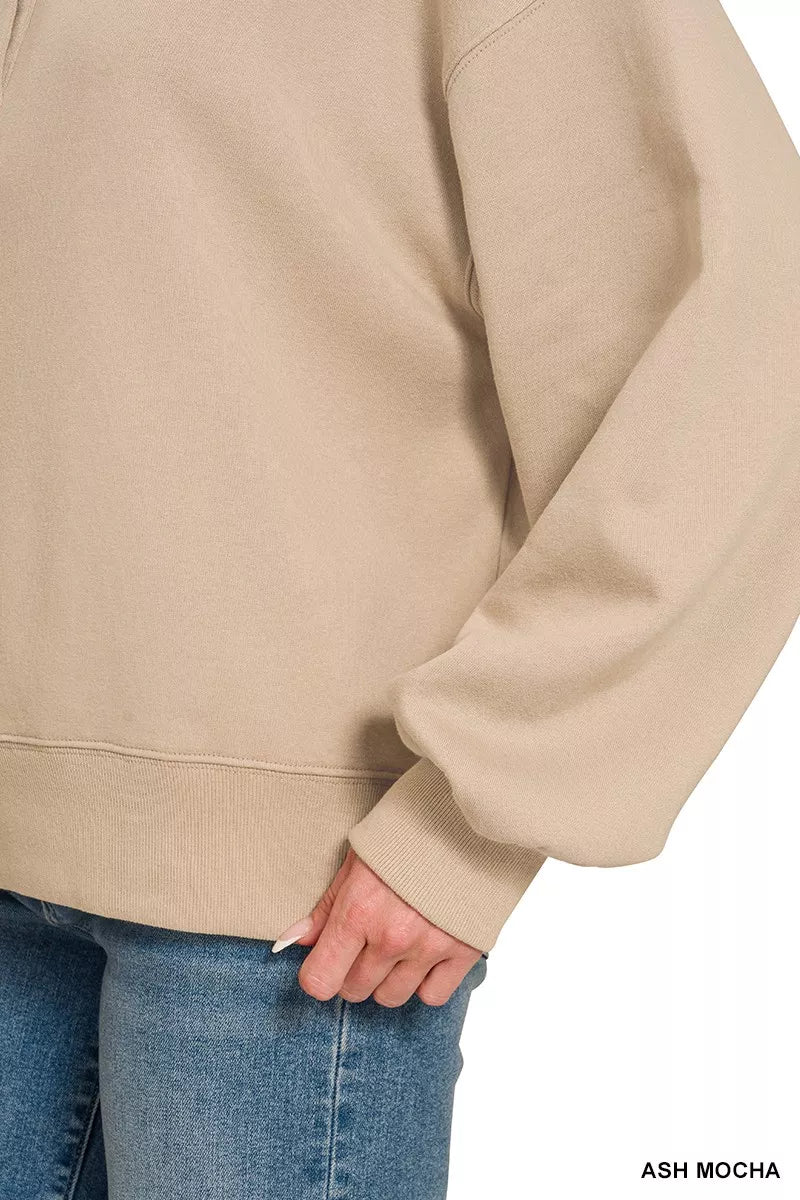 Fleece half-snap sweatshirt in ash mocha, close-up of sleeve cuff and hem