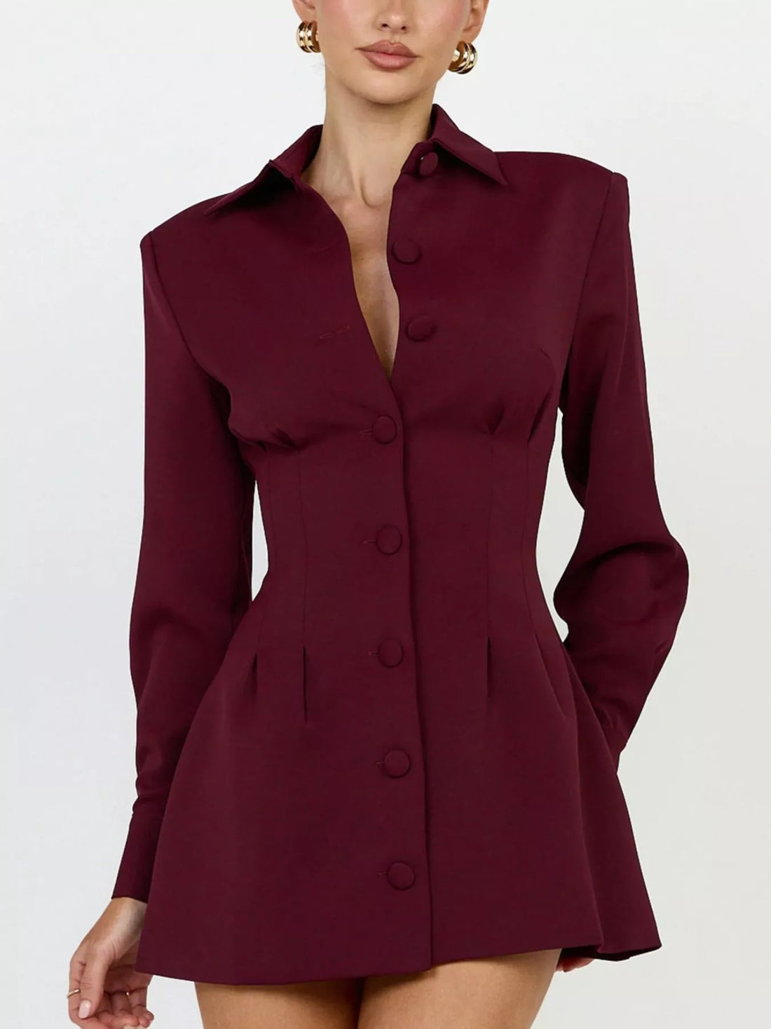 Wine red blazer dress with lapel collar, button front and cinched corset-style waist