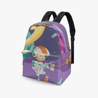 Kids canvas backpack front view with purple space astronaut and rocket graphic, black straps