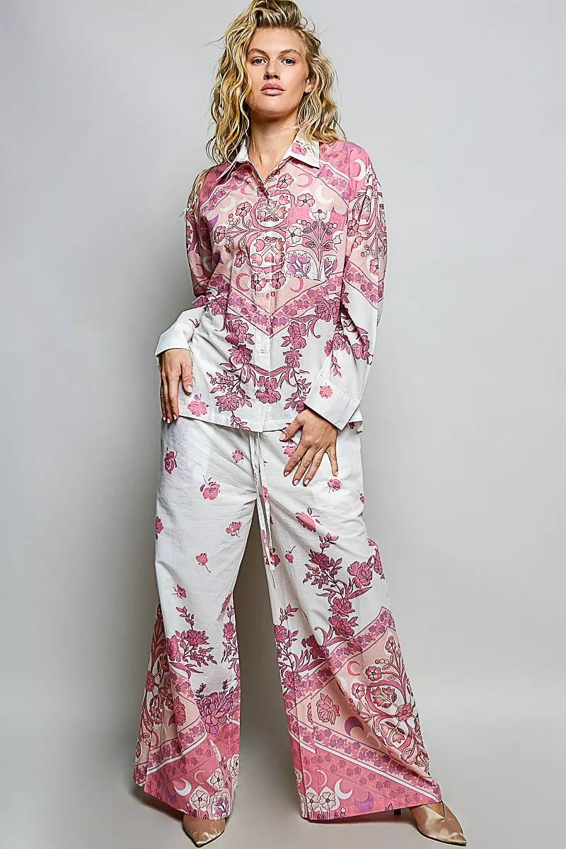 Floral button-down shirt with pink medallion and floral motifs on ivory base, long sleeves