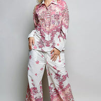 Floral button-down shirt with pink medallion and floral motifs on ivory base, long sleeves