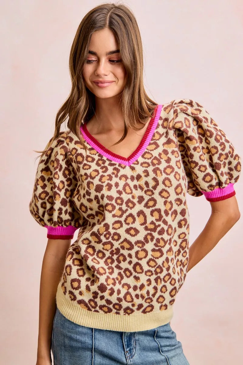 Leopard print puff-sleeve V-neck sweater, front view with pink neckline trim