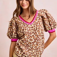 Leopard print puff-sleeve V-neck sweater, front view with pink neckline trim