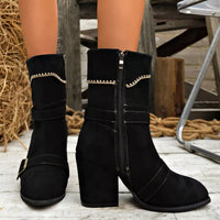 Black suede point-toe ankle boots with block heel and side zipper, buckle strap.