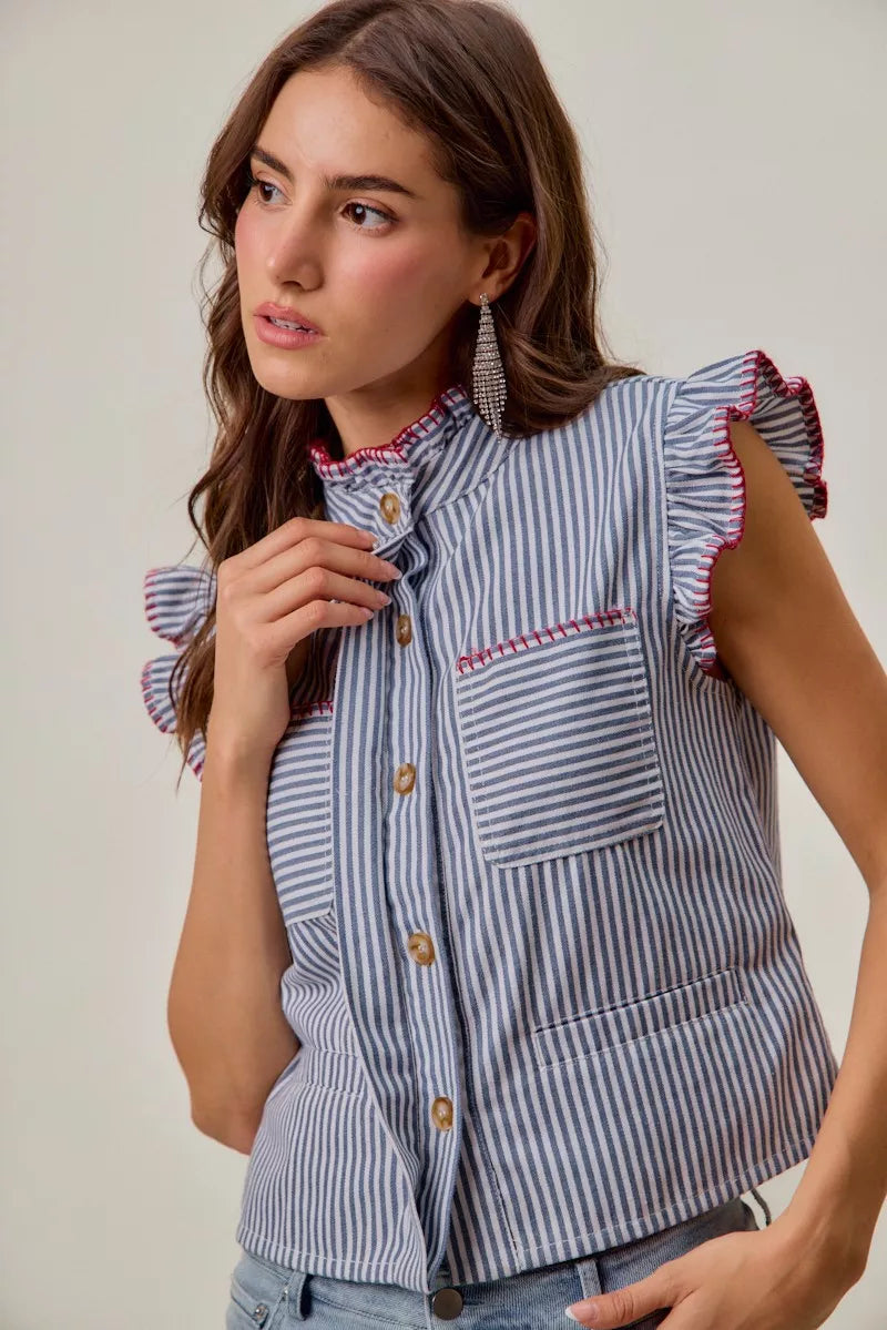 Ruffled sleeveless vest top in blue-and-white stripe with red trim and front pockets, button front