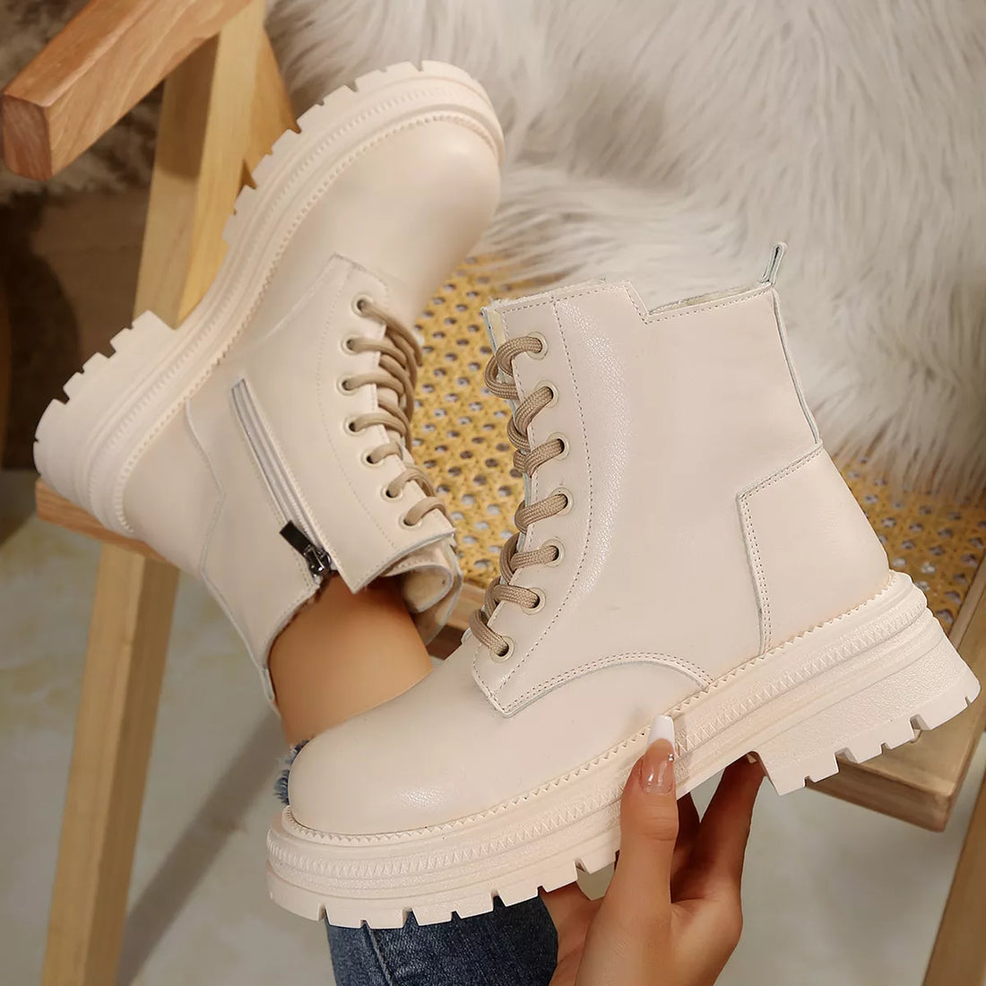 Off-white lace-up platform round-toe boots with side zip, textured panel, lug sole