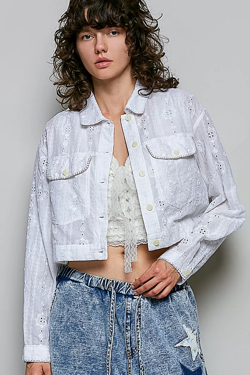 Off white eyelet cotton cropped jacket with button-front, chest flap pockets