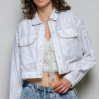 Off white eyelet cotton cropped jacket with button-front, chest flap pockets