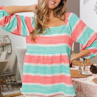 Striped woven balloon-sleeve top with coral and teal horizontal bands, loose fit