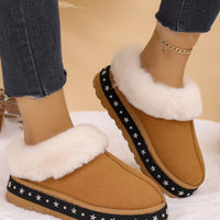 Brown faux fur lined platform ankle boots, two-shoe side view with star trim