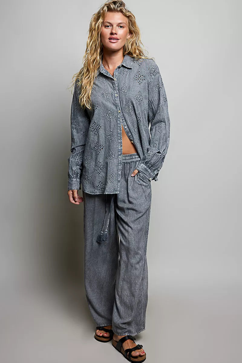 Charcoal embroidered drawstring wide-leg pants with side pockets and flowy drape