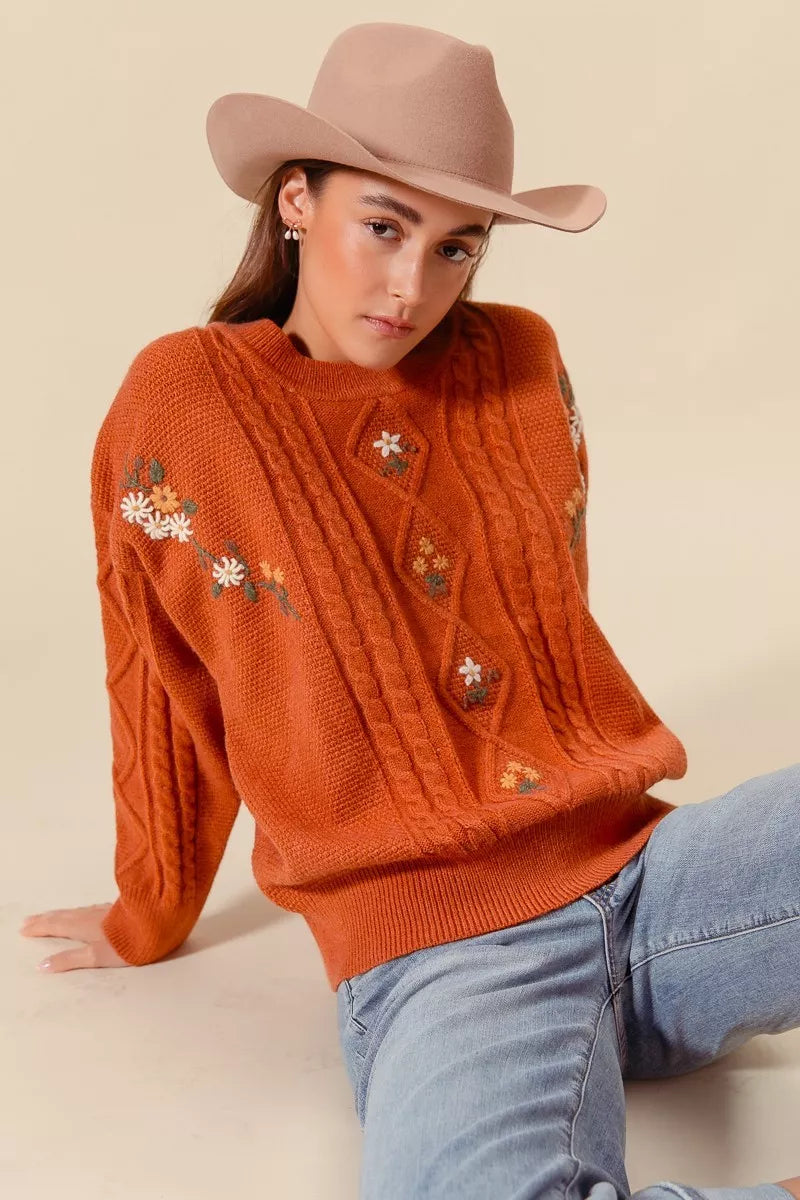 Brick cable-knit sweater with embroidered flowers, crew neck, long sleeves