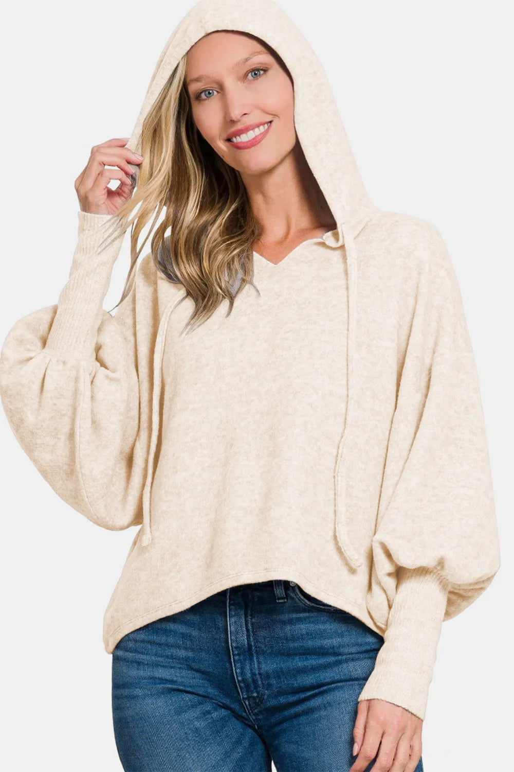 Sand beige brushed hacci cropped hoodie with hood and relaxed long sleeves