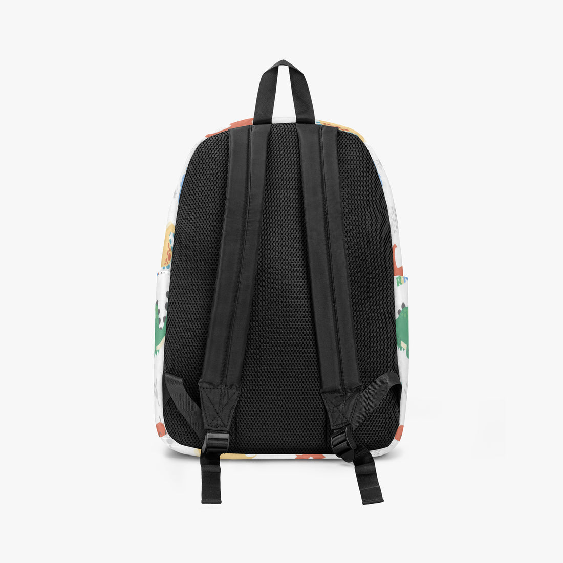 Back view of dinosaur canvas backpack with padded black mesh straps
