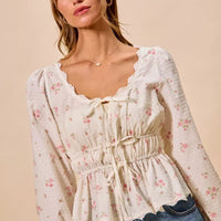 White floral clip-dot lace-trim ruched blouse with drawstring tie and puff sleeves