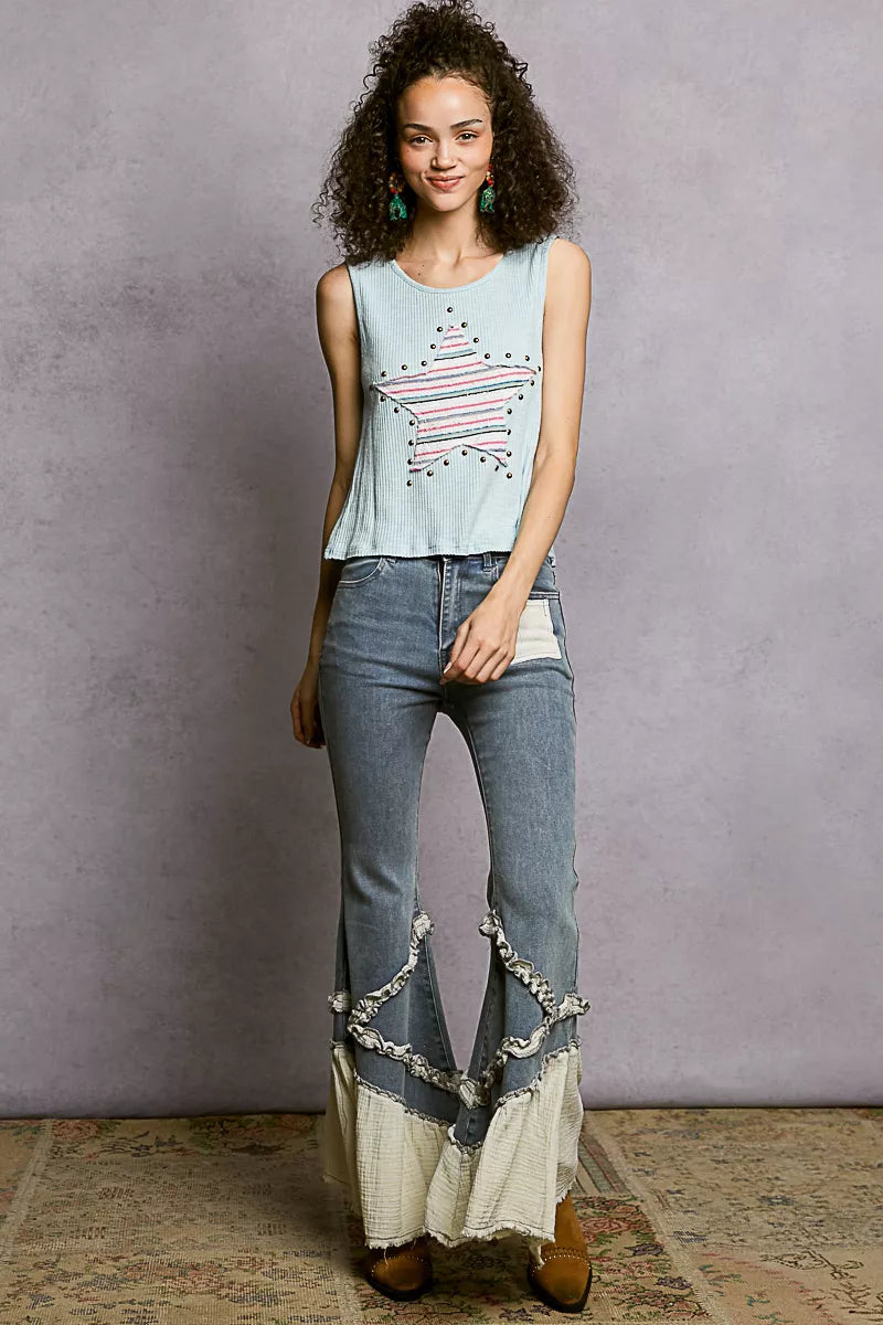 Light blue ribbed tank top with striped star stud patch and round neckline
