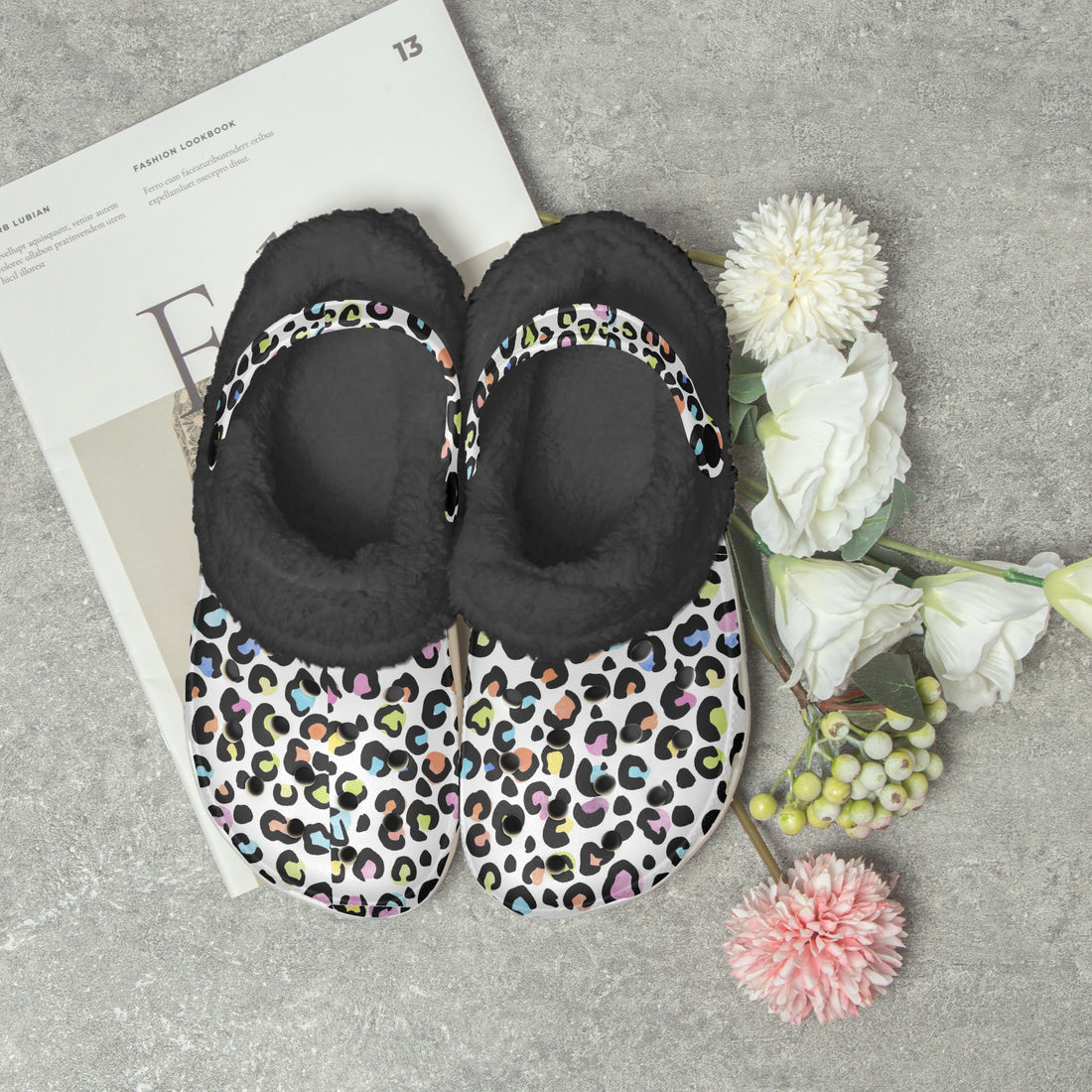 Multi Color Leopard Print White Base Lined Clogs