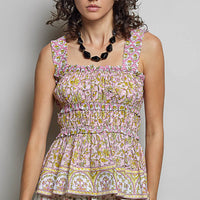Pink multi printed smocked square-neck peplum tank with ruffle trim, sleeveless