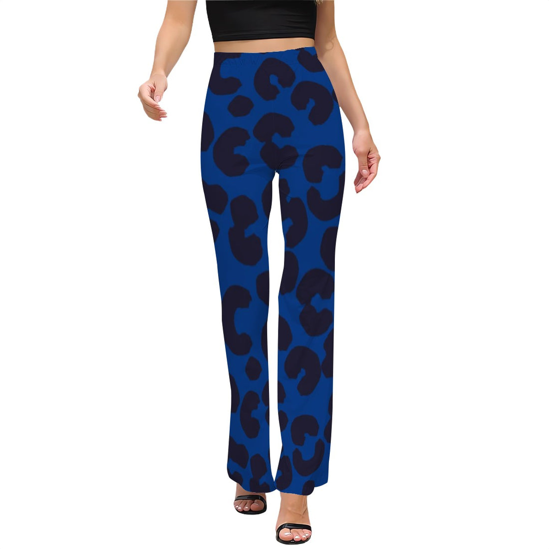 Blue Leopard Print High Waist Flared Pants Animal Print Statement Trousers